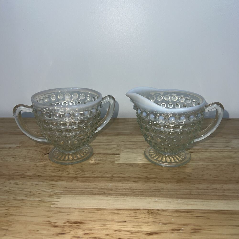 Vintage Anchor Hocking Moonstone Opalescent Hobnail Glass Sugar Bowl & Creamer